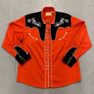 Scully Orange and Black Western Snap Shirt with Motorcycle Design